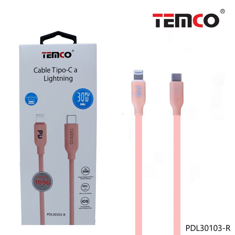 cable 3a 1m tipo c a lightning pd30w rojo