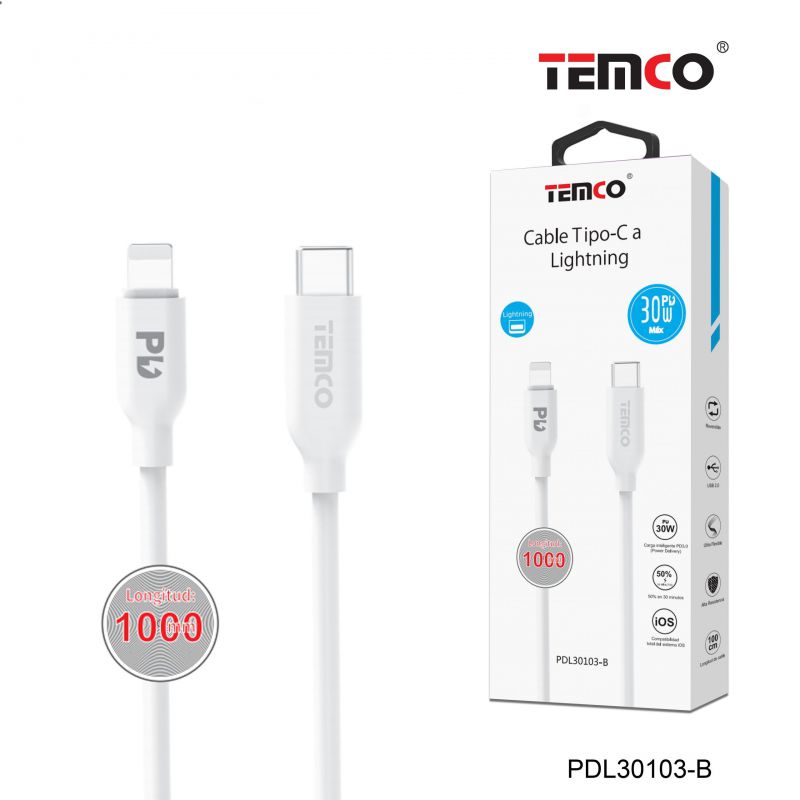 cable 3a 1m tipo c a lightning pd30w blanco