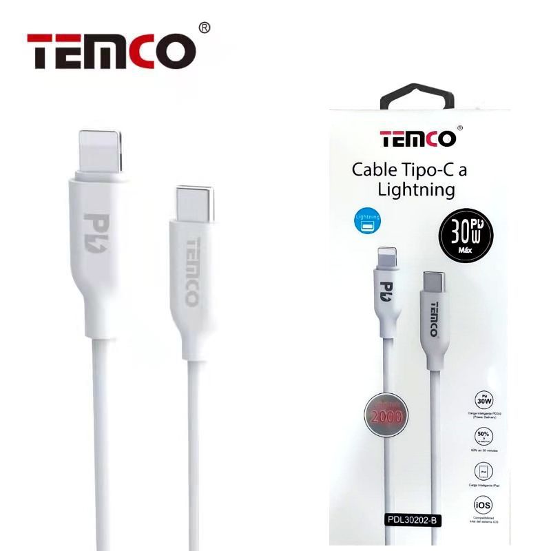 cable tpe 30w 3a 2m tipo-c a lightning blanco