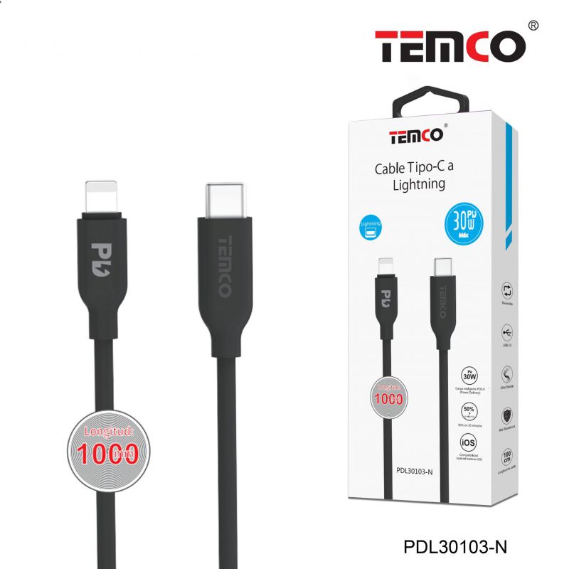 Cable 3A 1m Tipo C a Lightning PD30W Negro