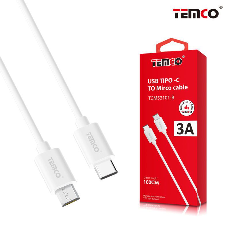 Cable TPE 3A 1m Tipo-C a Micro USB Blanco