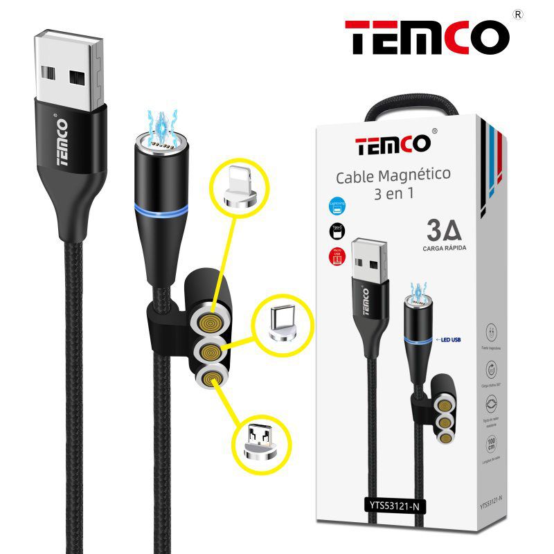 Cable 3 en 1 (Lightning /Micro USB /Tipo C) Negro