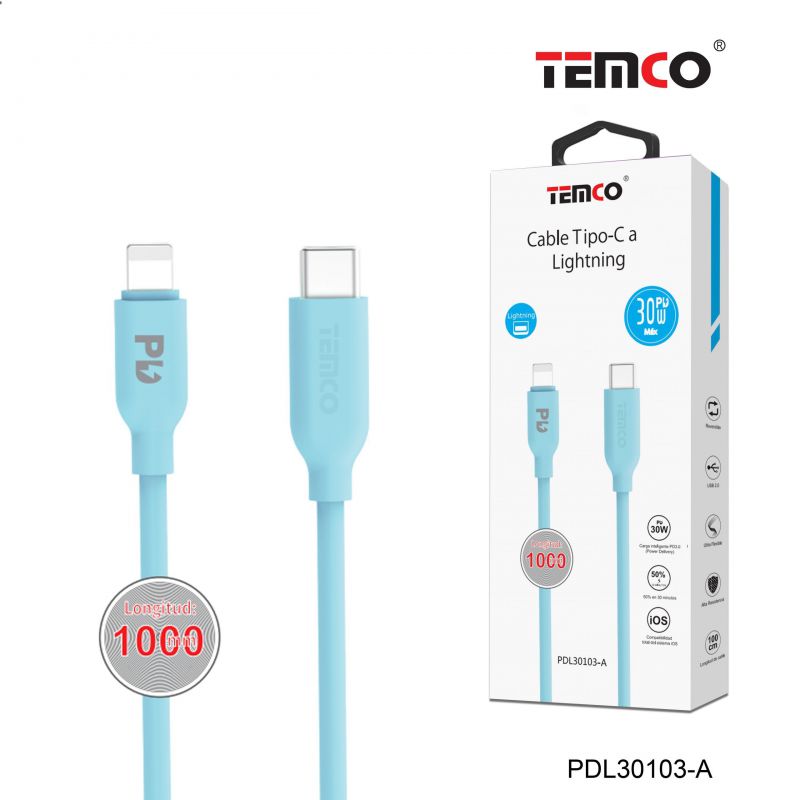 Cable 3A 1m Tipo C a Lightning PD30W Azul