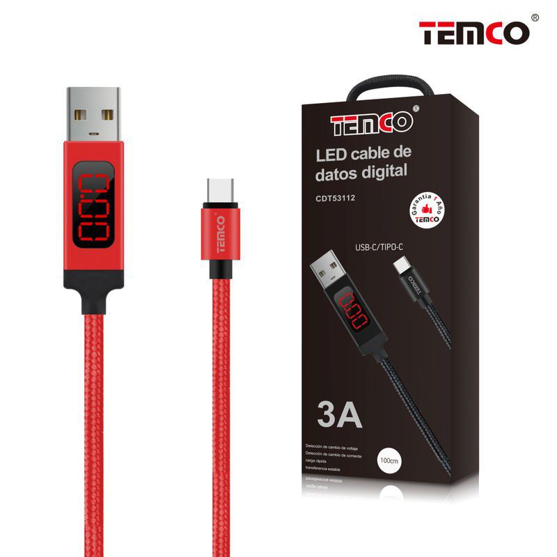Cable Digital LED 3A 1m Tipo-C Rojo